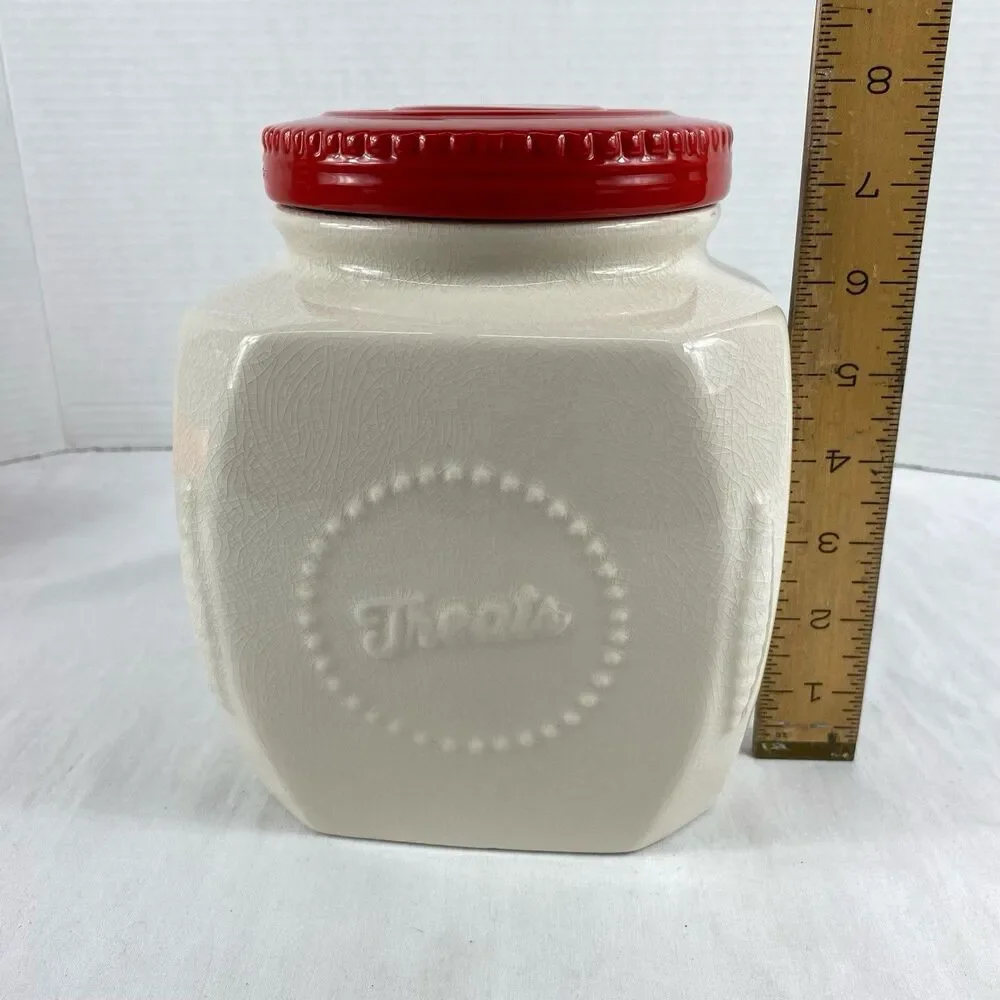 SCM Home Stoneware TREATS Jar (Cookie Jar) Off-white With Red Lid